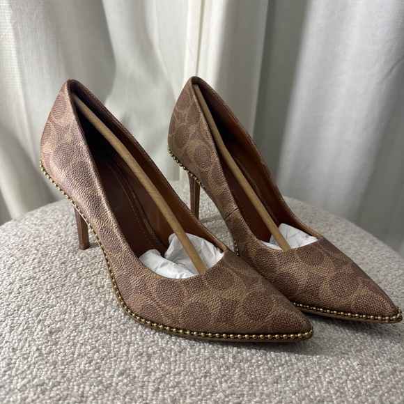 Coach Shoes - Coach Brown Signature Canvas Pointed-Toe Studded Pumps